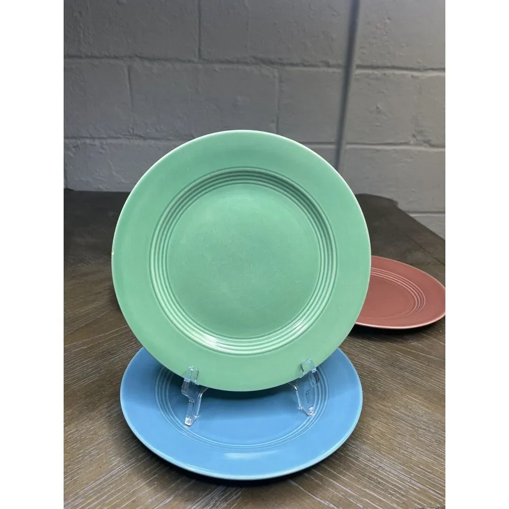 4 VTG HOMER LAUGHLIN HARLEQUIN Luncheon PLATE 9 1/4 Rose Light Green Forest Blue